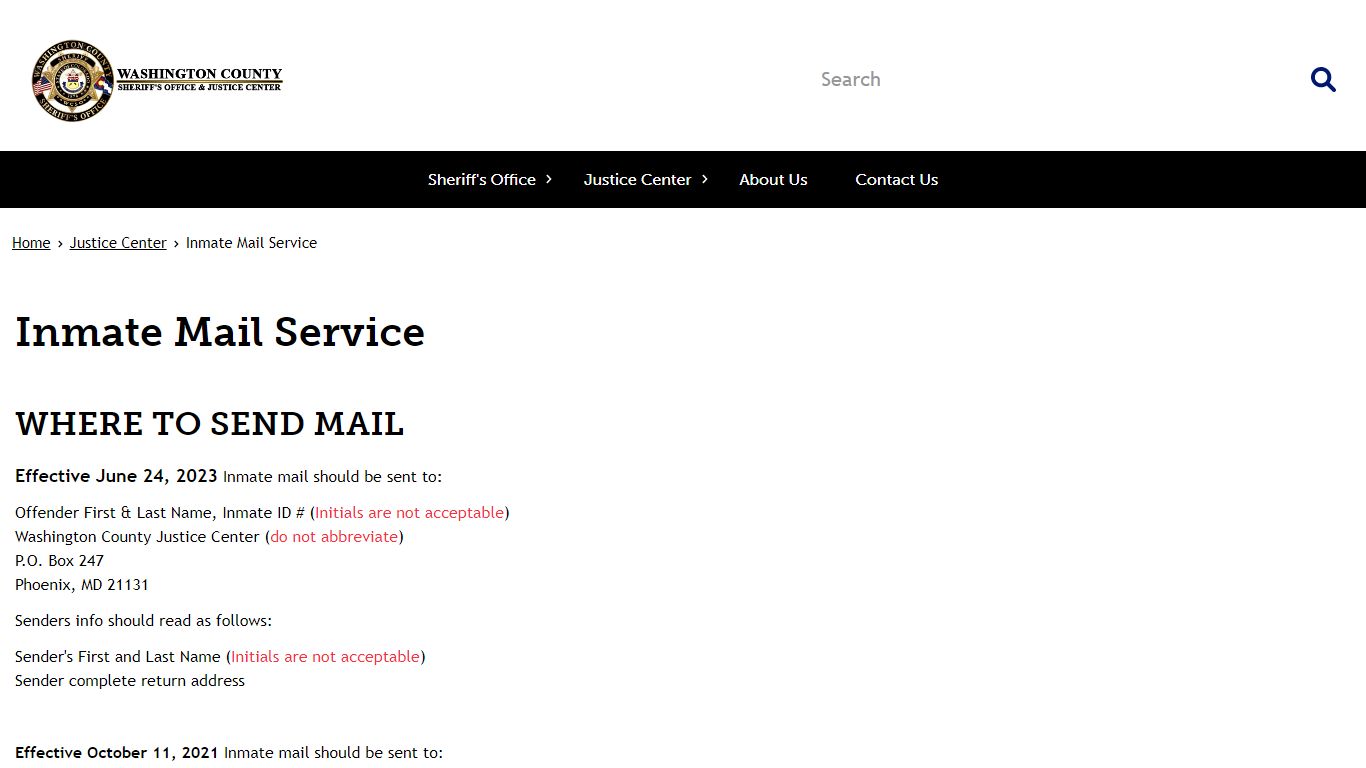 Inmate Mail Service | Washington County Sheriff's Office